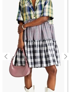 Mixed Plaid Tiered Mini Dress in Black, White and Pink